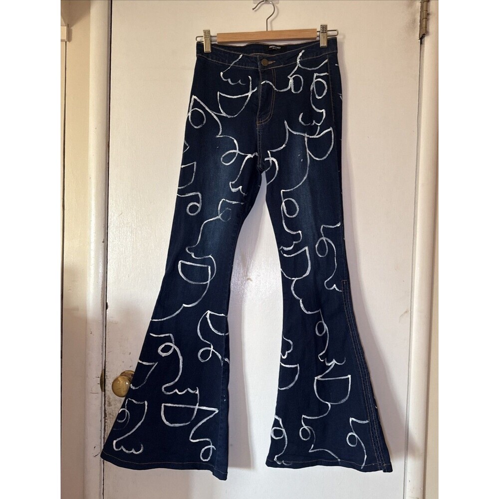 American Bazi Painted Floral Flare Bell Bottom Denim Jeans Stretch Blue Small/27